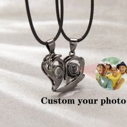 Necklaces 1PAIR Leather Custom Photo Projection Necklace Magnetic Couple Colourful Image Heart Pendant Jewellery Lover Personalised Gifts