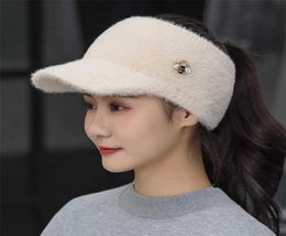 Woman Girl Mink Hair Visor Cap Bee Knitted Autumn Winter Hat Solid Color Elastic Cycling Running Golf Empty Top Cap 2111226042284