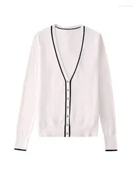 Women's Knits Contrast Color Knitted Women Cardigan Jacket 2024 Spring Wrist Sleeve V Neck Slim Sweater Female Crop Top Y2K