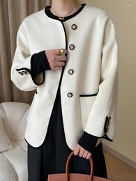 Women's Jackets Loose Fit Beige Color-block Big Size Woollen Coat O-neck Long Sleeve Women Jacket Fashion Autumn Winter X740