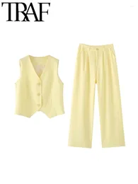 Women's Two Piece Pants GAL 2024 Summer Women Sleeveless Yellow Blazer Wide Legs Suits V Neck Slim Vest Office Female Crop Top Sets Y2K