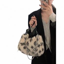 autumn and winter new leopard print fur bag women's soft plush baguette bag fi and versatile e-shoulder crossbody bag f1D5#
