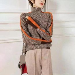 Women's Sweaters Women Stretchy Sweater Cosy High Collar For Autumn Winter Contrast Colour Knit Top With Splicing Design Weather