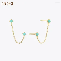 Stud Earrings ROXI Tassel Chains Natural Turquoise For Women 925 Sterling Silver Jewelry Pendiente Plata Kolczyki