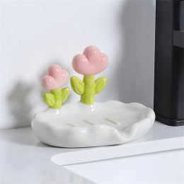 Dishes 1pc Creative Flower Decor Soap Dish, Cute Plastic Drain Soap Tray, Self Draining Soap Holder, Storage Soap Rack For Bathroom