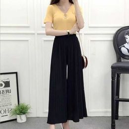 Women's Pants Capris Wide leg pants with pleated chiffon high waisted loose fitting leggings large hem and large skirt hem Y240422