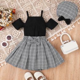 Clothing Sets Summer Children's For Girls Strap Off Shoulder Short Sleeve Chequered Bow Skirt Hat 3Pcs Clothes 4-7T