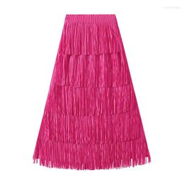 Skirts Ashgaily 2024 Fringe Trim Long Women Elastic High Waist A Line Skirt Flowy Swing Tiered Female Clothing