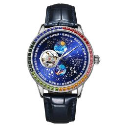 Kits Colour Automatic Watch Men's Fashion Brand Mechanical Watch Men's Sun Moon Stars Night Glow Leather Waterproof Clock Reloj Hombre