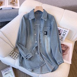 Women's Blouses Embroidered Denim Shirt Jacket for Women's Retro Spring Loose Fitting Mid Length Slimming Casual Top