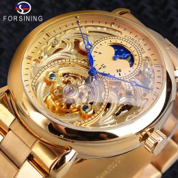 Watches Forsining Automatic Mechanical Business Watch Mens Clock Golden Moon Phase Steel Strap Wrist Watches Top Brand Relogio Masculino