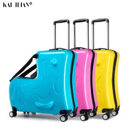Carry-Ons new Kids Riding Trojanl Luggage Hot Boys Girls Travel Trolley Alloy Children Sitting Rolling Luggage Suitcase Spinner Wheels