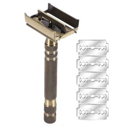 Blades YINTAL New 100% Brass Men's Doublesided Manual Razor Long Nonslip Handle Butterfly Quick blade replacement With 5 Blades