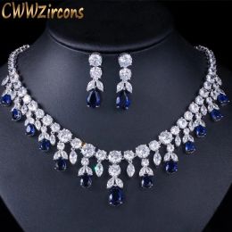 Necklaces CWWZircons Luxury Dark Blue Women Wedding Party Dress Jewellery Big Dangle Drop Bridal CZ Necklace Earrings Jewellery Sets T341