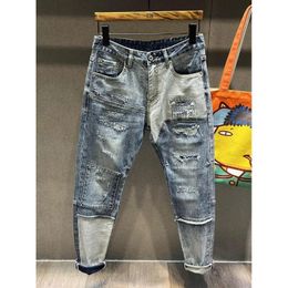 Autumn Winter Trend Mens Straight Slim Jeans Ripped Hole Patch Vintage Fashion Splicing Denim Pants Streetwear Male Trouser 240411