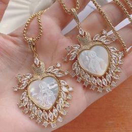 Necklaces 3PCS, Mother of Pearl Virgin Mary Heart Pendant Necklace Zircon Stone Love Heart Shaped Necklace Religious Catholic Jewelry Gift