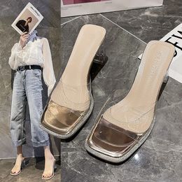 Transparent High-heeled Sandals Are Popular Among Women in Summer and The New Fashion Is Simple with Thick Heels Open Toes for Ladies Slippers A096