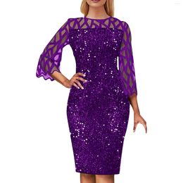 Casual Dresses Round Neck Cut Out Sheer Blouse Sequins Accentuated Slimming Cocktail Dress For Party