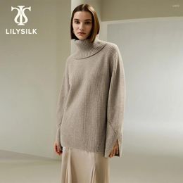Women's Sweaters LILYSILK Oversized Merino Wool Sweater For Women 2024 Winter Pullover Turtleneck Luxury Cuff Slits Casual Top