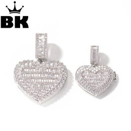 Necklaces Bling Big Flip Heart Photo Necklace Women DIY Cubic Zircon Iced Out Pendant Memory Engaved Name Anniversary Gift For Girlfriend