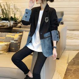 Women's Suits Winter Casual Fashion Denim Patchwork Blazers Ladies Harajuku Y2K Embroidery All-match Coat Jacket Outwear Top X1083