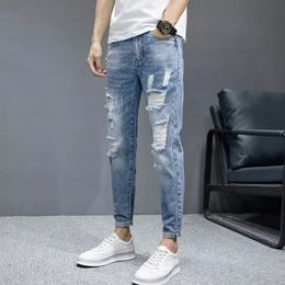 TFETTERS Spring Summer Men Ripped Jeans Cropped Mid Rise Stretch Hip Hop Punk Pencil Pants Streetwear Party Clothing 240417