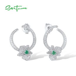 Earrings SANTUZZA Pure 925 Sterling Silver Earrings For Women Sparkling White CZ Green Spinel Orchid Flower Circled Fashion Fine Jewellery