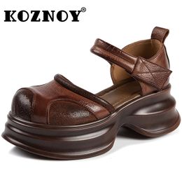 Koznoy 6cm 2024 Ethnic Platform Wedge Shoes Luxury HOOK Slipper Mary Jane Sandal Ladies Genuine Leather Summer Round TOE 240415