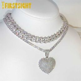 Silver Color CZ Heart Pendant Necklace HipHop Full Iced Out Cubic Zirconia Stone Tennis Chain Hearts Choker Women Jewelry 220121294l