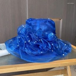 Berets Elegant Flower Mesh Pearl Domed Basin Hat Women Lace Sun Protection Europe And The United States Fashion Banquet Top