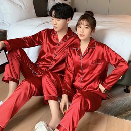 Solid Colour Sleepwear Silk Satin Pyjamas Couple Set Long Button-Down Pyjamas Suit Pijama Women Men Loungewear Plus Size Pj Set 240408