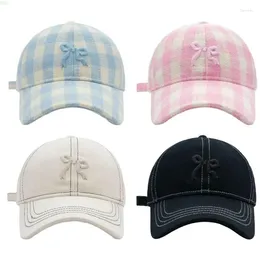 Ball Caps Women Vintage Checkered Baseball Fits Girls Wide Brim Embroidery Bow Adjustable Curved NM