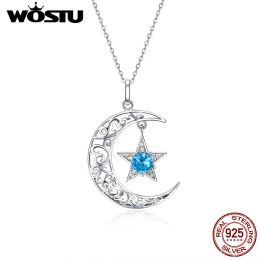 Necklaces WOSTU Real 925 Sterling Silver Shining Moon Star Necklace Blue Round CZ Stone Pendant For Women Engagement Party Jewellery CQN278