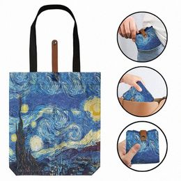 polyester Oil Painting Van Gogh Print Tote Bags Reusable Shop Bag For Groceries Shoulder Bags Home Storage Bag C4KS#