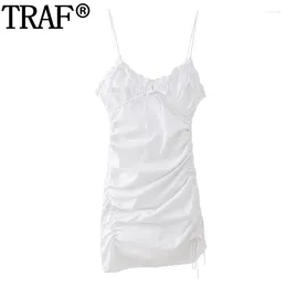 Casual Dresses Ruched White Woman Sleeveless Slip Short For Women Bowknot Backless Mini Dress Pleated Sexy Party