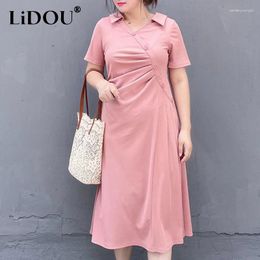 Party Dresses 2024 Summer V-neck Solid Colour Short Sleeve Casual Women Pleated Button Fashion Loose Korean Style Tshirt Dress