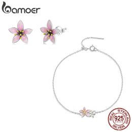 Strands Bamoer 925 Sterling Silver Beautiful Cherry Blossom Bracelet for Women & Delicate Pink Cherry Blossom Stud Earrings Fine Jewelry