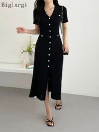 Summer Midi Dress Women Knitted Black Bodycon Korea Style Ruffle Ladies Dresses Elegant Fashion Casual Woman Dress 240411