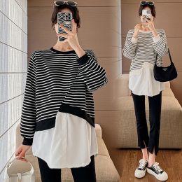 Shirts 9303# Autumn Spring Korean Fashion Striped Patchwork Maternity Blouse Loose Shirts Clothes for Pregnant Women Pregnancy Tops