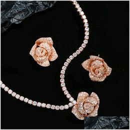 Jewelry Sets 18K Rose Gold Flower Lab Moissanite Set Party Earrings Necklace For Women Bridal Engagement Gift Drop Delivery Dhgrw