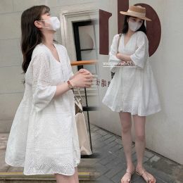 Shirts 2024 Spring Vneck Hollow Out Lace Shirts Maternity Long Loose Clothes Fashion Backless Pregnant Woman Blouse White Cotton Shirt