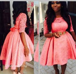 Coral Lace Short Prom Dress South African Black Girl A Line Half Sleeve Formal Evening Party Gown Custom Made Plus Size4040302