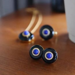 Necklaces MIQIAO S925 Silver Natural Black Shell Lapis Lazuli Retro Black Ring Stud Earrings Pendant Necklace Set Fine Jewelry