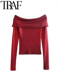 Women's Sweaters Shiny Metallic Women Off Shoulder Sweater 2024 Spring Knitted Long Sleeve Pullovers Female Crop Top Y2K Jumpers