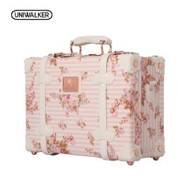 Suitcases UNIWALKER 12" 13" Inch Waterproof Vintage Trunk Box Case Bag Luggage Small Suitcase Floral Decorative Box with Straps for Women