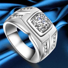 Wedding Rings Male Ring Men Sterling Silver 925 Vintage Mens White Gold Colour Classic Big Stone CZ Fashion Jewelry273h