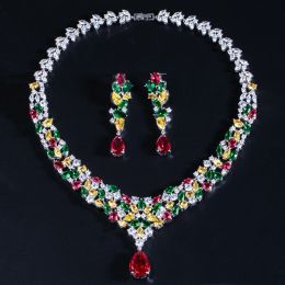 Necklaces ThreeGraces High Quality Multicolor Cubic Zirconia Stone Luxury Earrings Necklace Wedding Bridal Jewellery Set for Brides TZ980