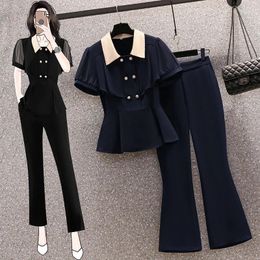 Women's Two Piece Pants Summer Two-piece Set For Women Ruffle Double-breasted Tops And Female Large Size Elegant Black Navy Blue Office