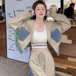 Women's Two Piece Pants Korean Fashion Denim Patchwork Tracksuit Y2k Zip Up Hoodies And Wide Leg Suit Women Vintage Matching Sets Female