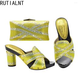 Dress Shoes Arrival Yellow Colour Ladies Matching And Bag Set Decorated With Rhinestone African Women Wedding Sets